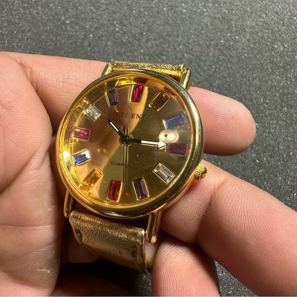 Regent Ladies Quartz Watch Gold Tone Multi Color Crystal Accent Dial Working - Picture 1 of 8